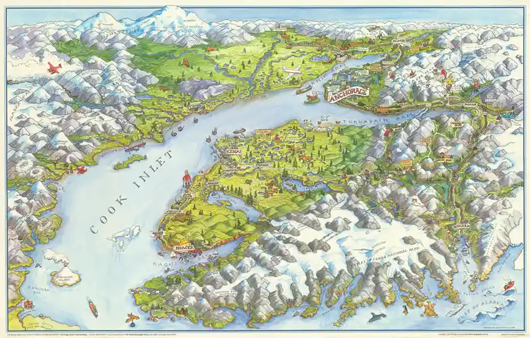 A colorful, illustrated map of the Cook Inlet region in Alaska, showing mountains, rivers, towns like Anchorage and Homer…