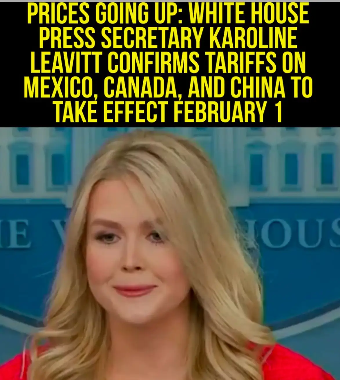 A still image of White House Press Secretary Karoline Leavitt smiling while standing in front of a blue backdrop with…