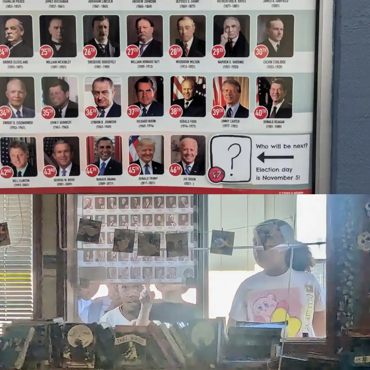 The image displays a poster of U.S. presidents from 24th to 46th, ending with Joe Biden as the 46th president. Next to him…