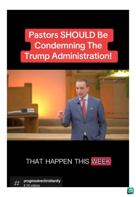 A man in a blue suit and red tie stands on a church stage, gesturing with his right hand. Overlaid text in red boxes reads…