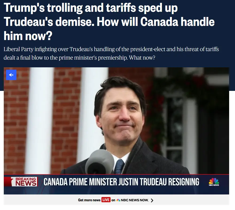 A screenshot of a news broadcast shows Justin Trudeau smiling slightly while speaking into a microphone, with a brick…