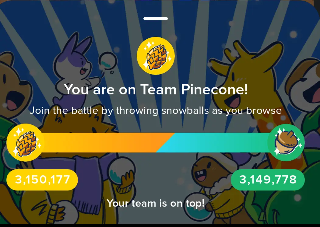 A screenshot of a mobile game interface showing a team battle between 'Team Pinecone' and 'Team Acorn'. The pinecone team…