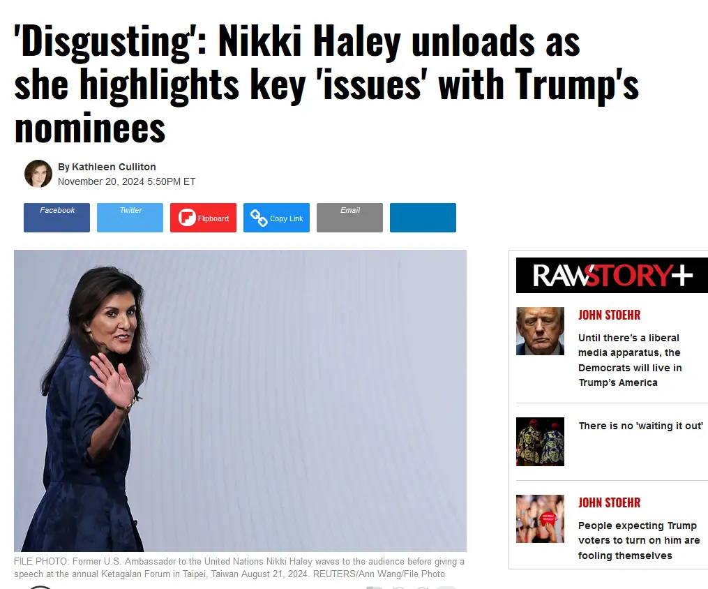 A screenshot of a news article headline reading 'Disgusting': Nikki Haley unloads as she highlights key 'issues' with…