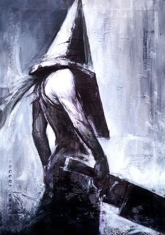 A dark, painterly image shows a figure in a tall, pointed white hood, viewed from behind, holding a large, menacing…