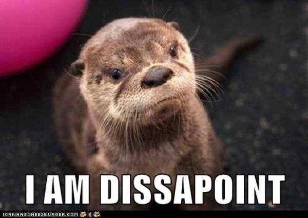 A close-up photo of a brown otter looking upward with a slightly confused or disappointed expression, set against a dark…