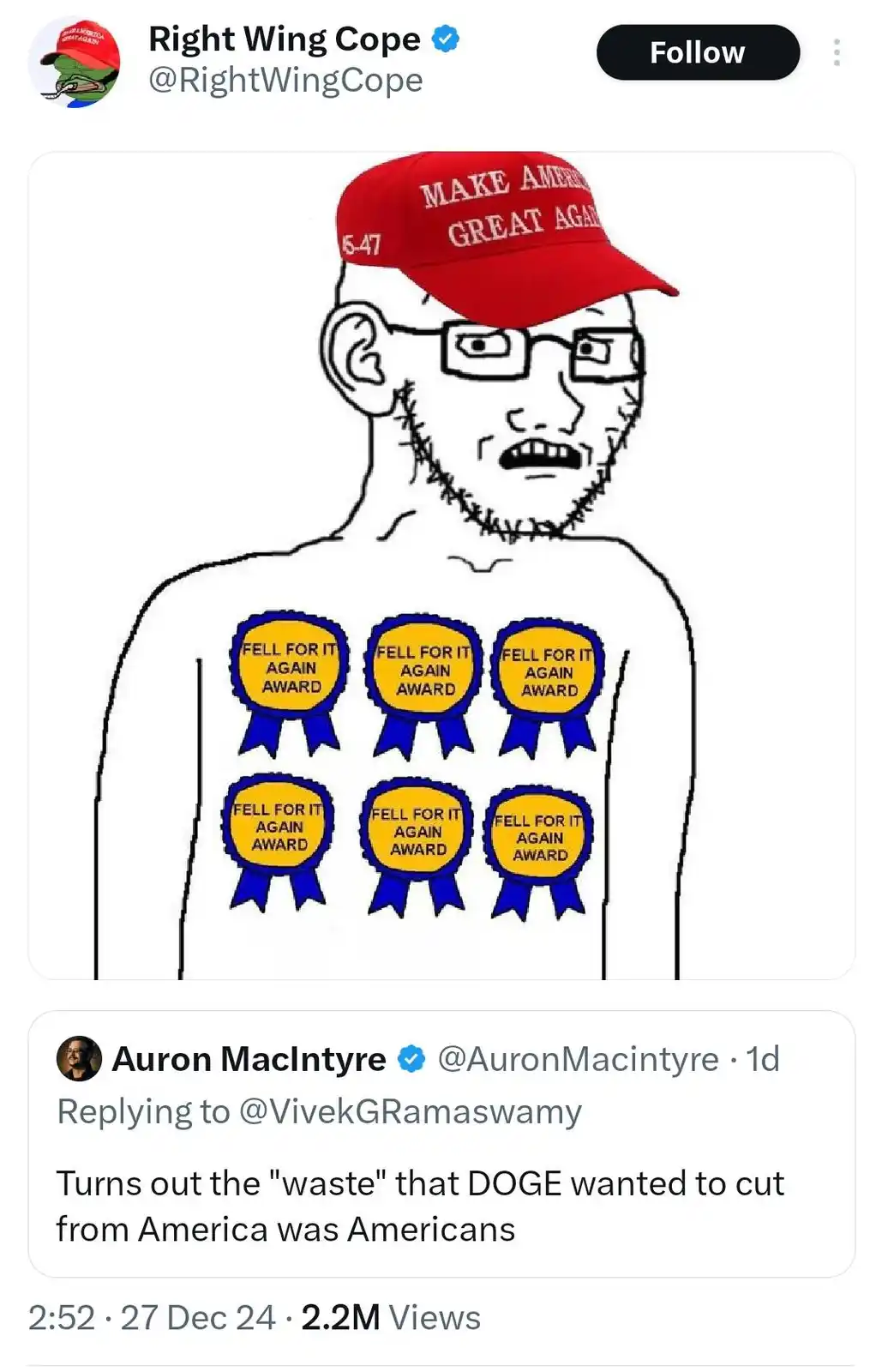 A cartoon drawing of a man wearing a red 'MAKE AMERICA GREAT AGAIN' cap and glasses, with six 'FELL FOR IT AGAIN AWARD'…