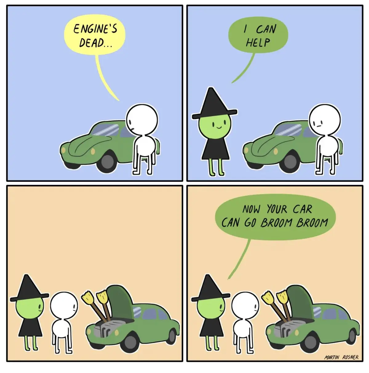 A four-panel comic shows a person standing beside a green car with a dead engine. A green witch appears and offers help. In…