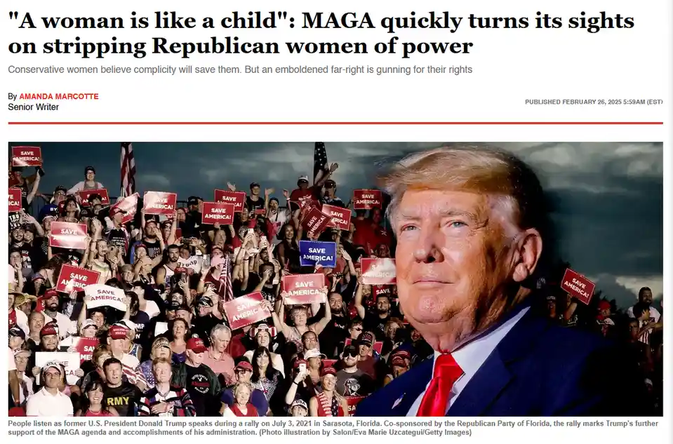 A news article screenshot featuring a large photo of Donald Trump at a rally, with crowds holding "SAVE AMERICA!" signs. The…