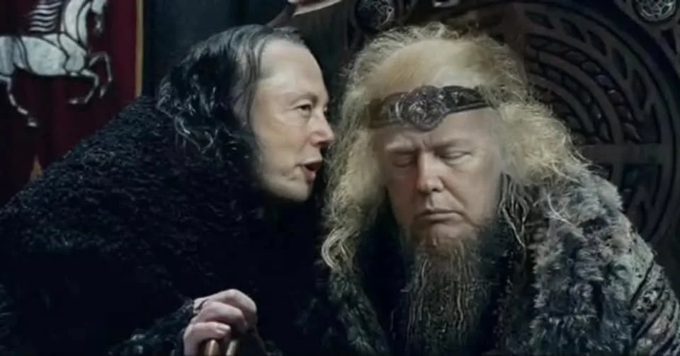 a man with dark hair and a black fur cloak leans in to whisper to another man with long blonde hair, a beard, and a…