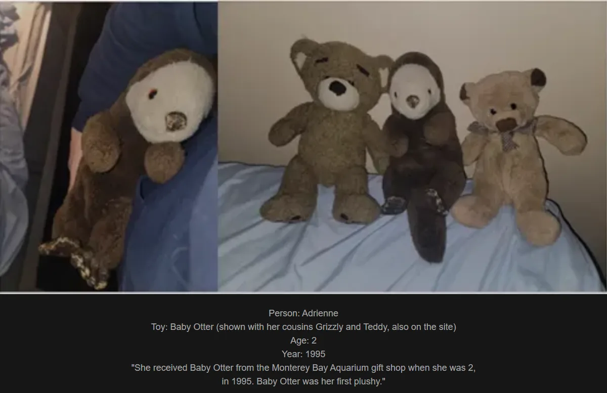 The image is split into two panels. The left shows a person holding a brown teddy bear with a white face and a damaged nose…