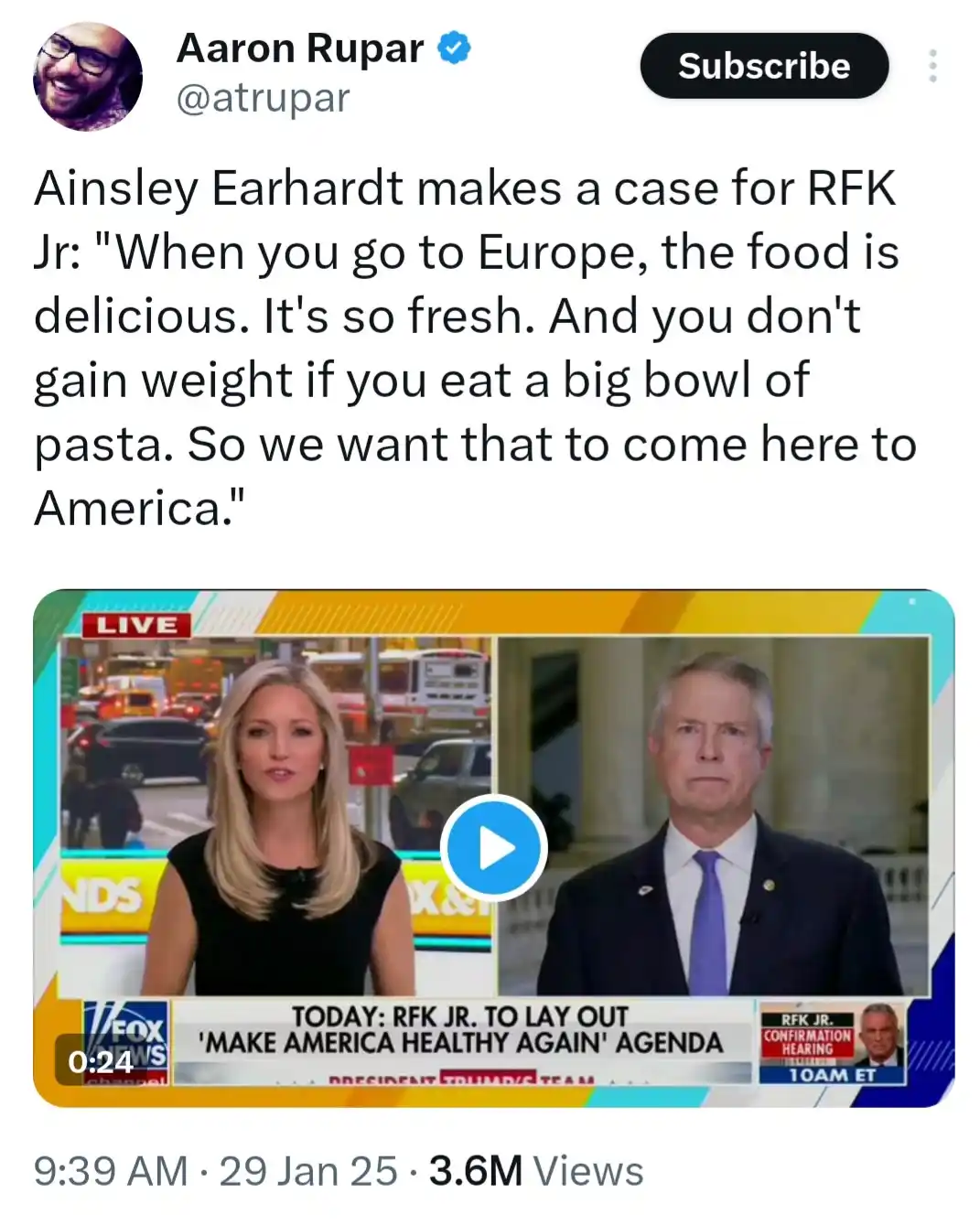 A screenshot of a Twitter post by Aaron Rupar showing a Fox News video thumbnail. The thumbnail features a split-screen with…
