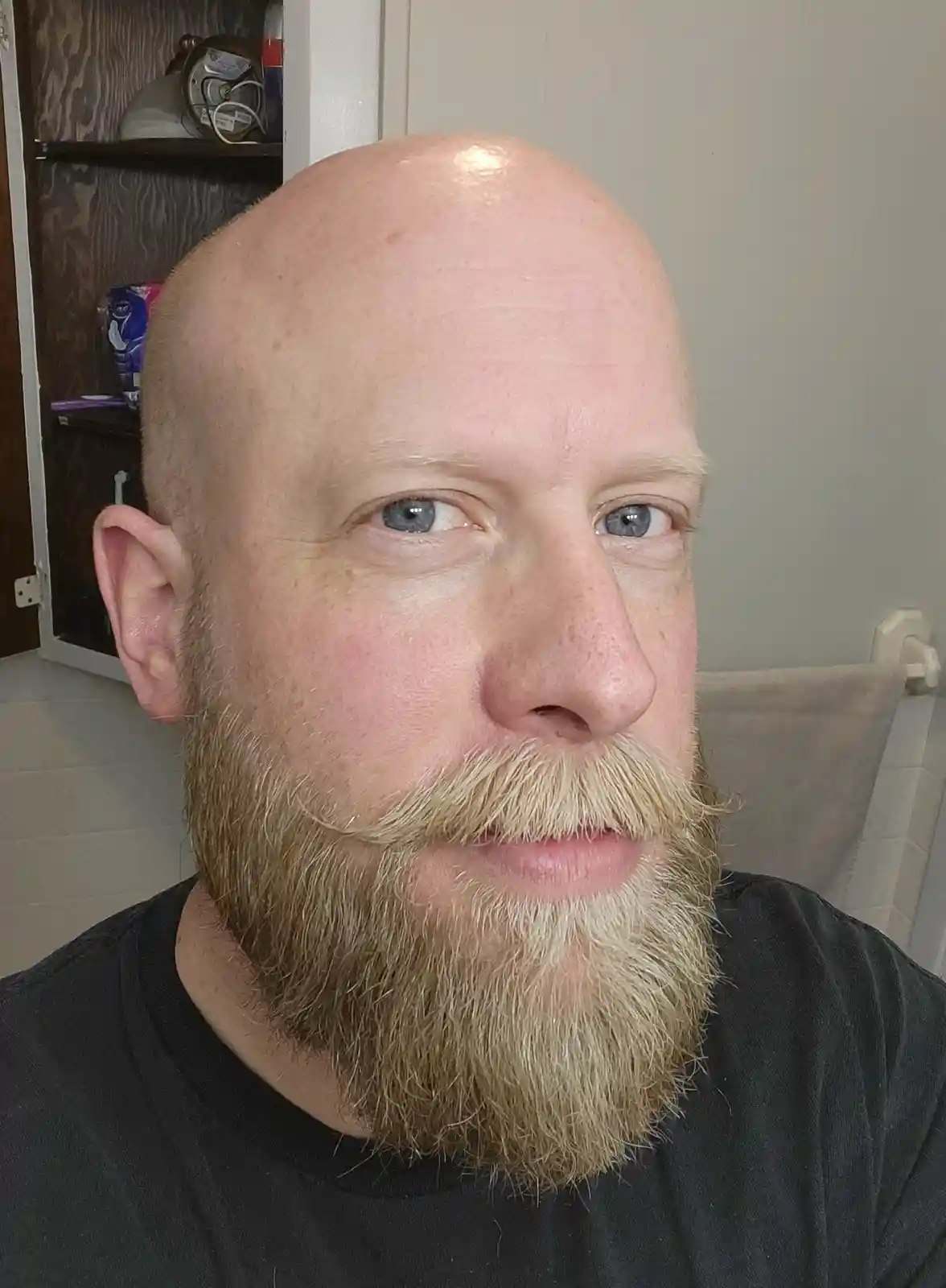 A close-up selfie of a bald man with a full, light-colored beard and mustache, wearing a black t-shirt, in what appears to…