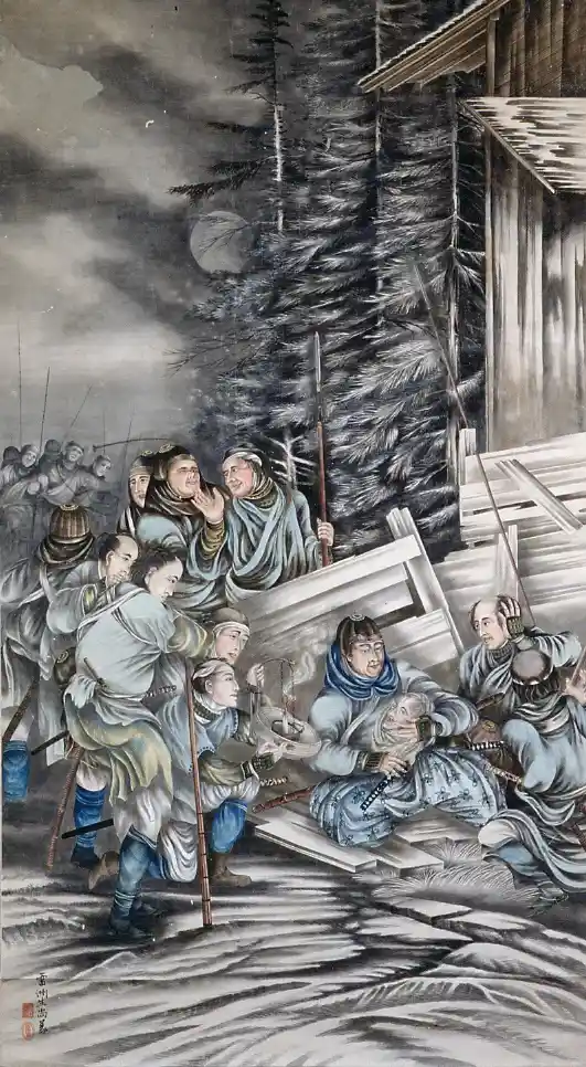 A traditional japanese painting depicts samurai warriors gathered around a fire in a snowy landscape, with one samurai…