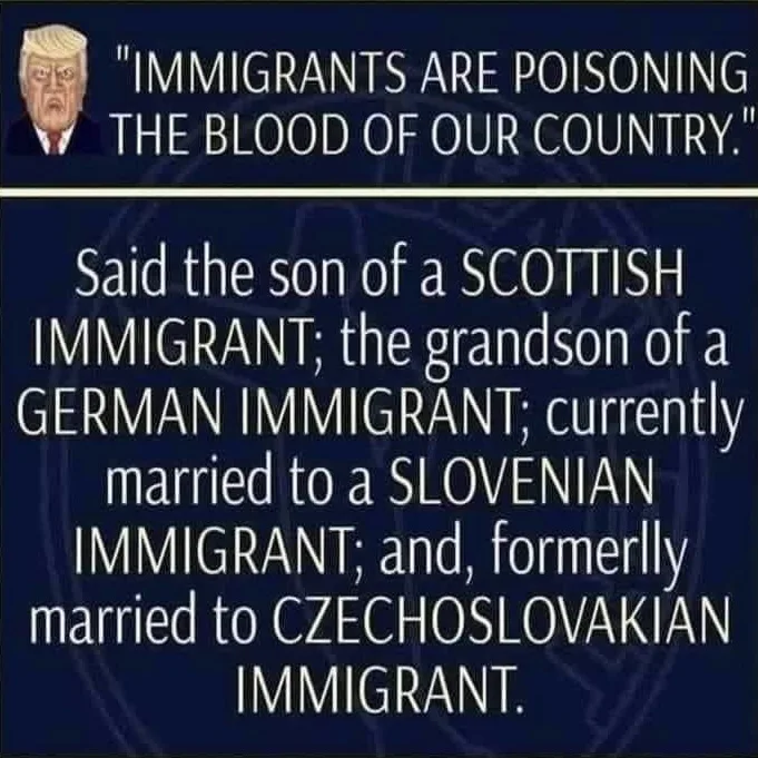 The image features a dark blue background with white text. At the top, a caricature of Donald Trump is shown next to the…