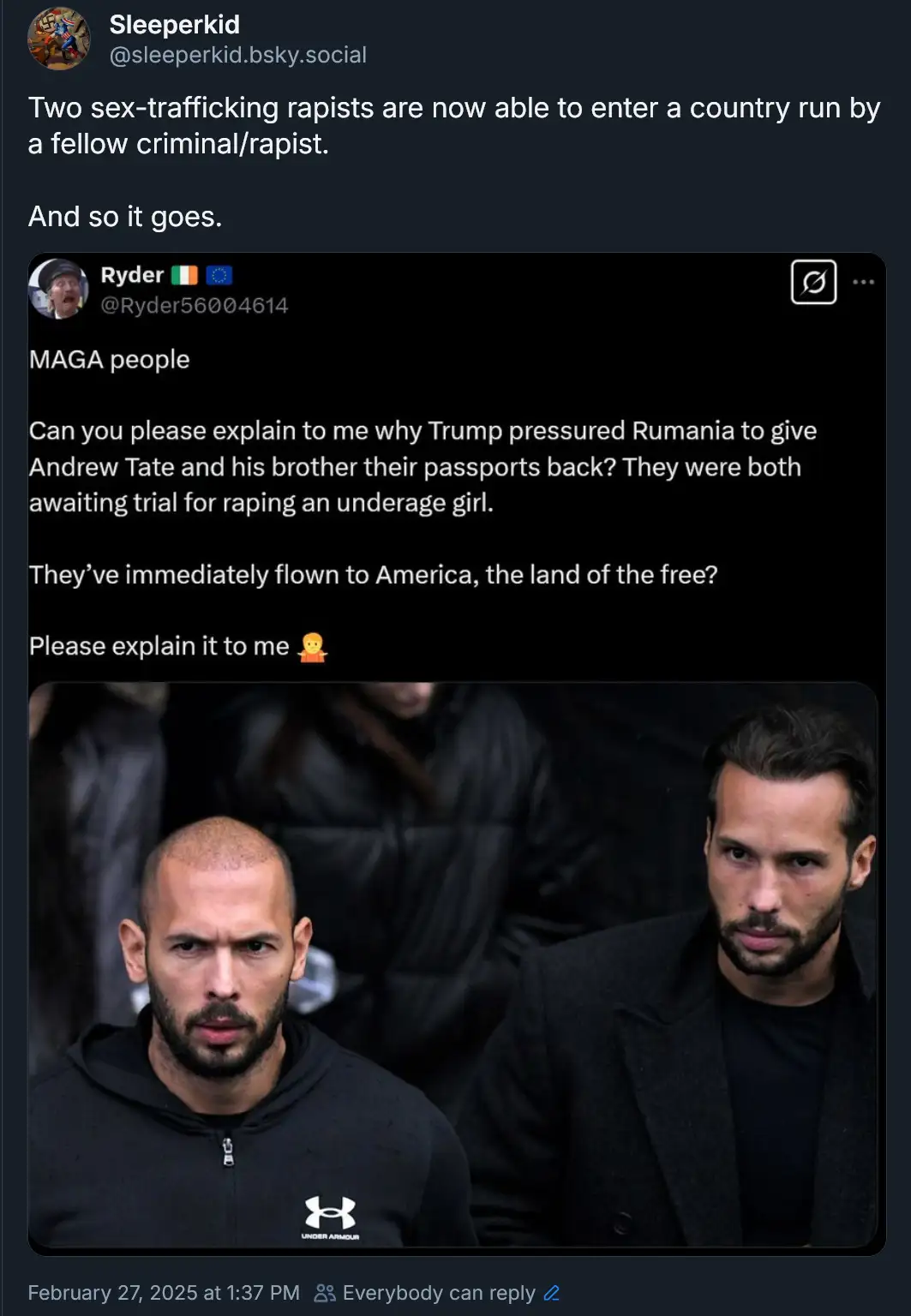 The image shows two men, Andrew Tate (right) and his brother (left), both looking serious. The text overlay is a tweet from…