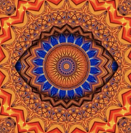 a vibrant, symmetrical mandala with intricate geometric patterns radiating outward from a central blue and orange sunburst…