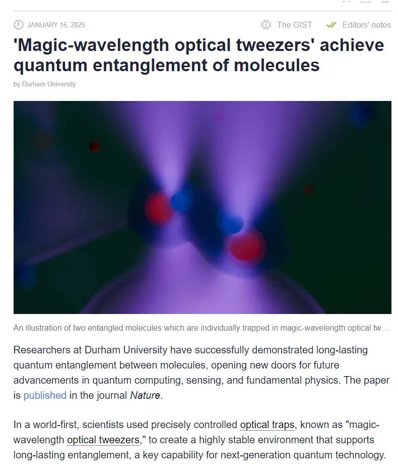 A screenshot of a news article from January 15, 2025, by Durham University, featuring a scientific illustration of two…