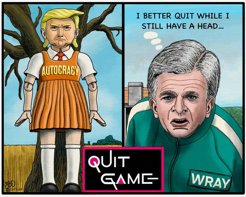 The image is split into two panels. The left panel shows a cartoon figure resembling Donald Trump, styled as a doll in an…