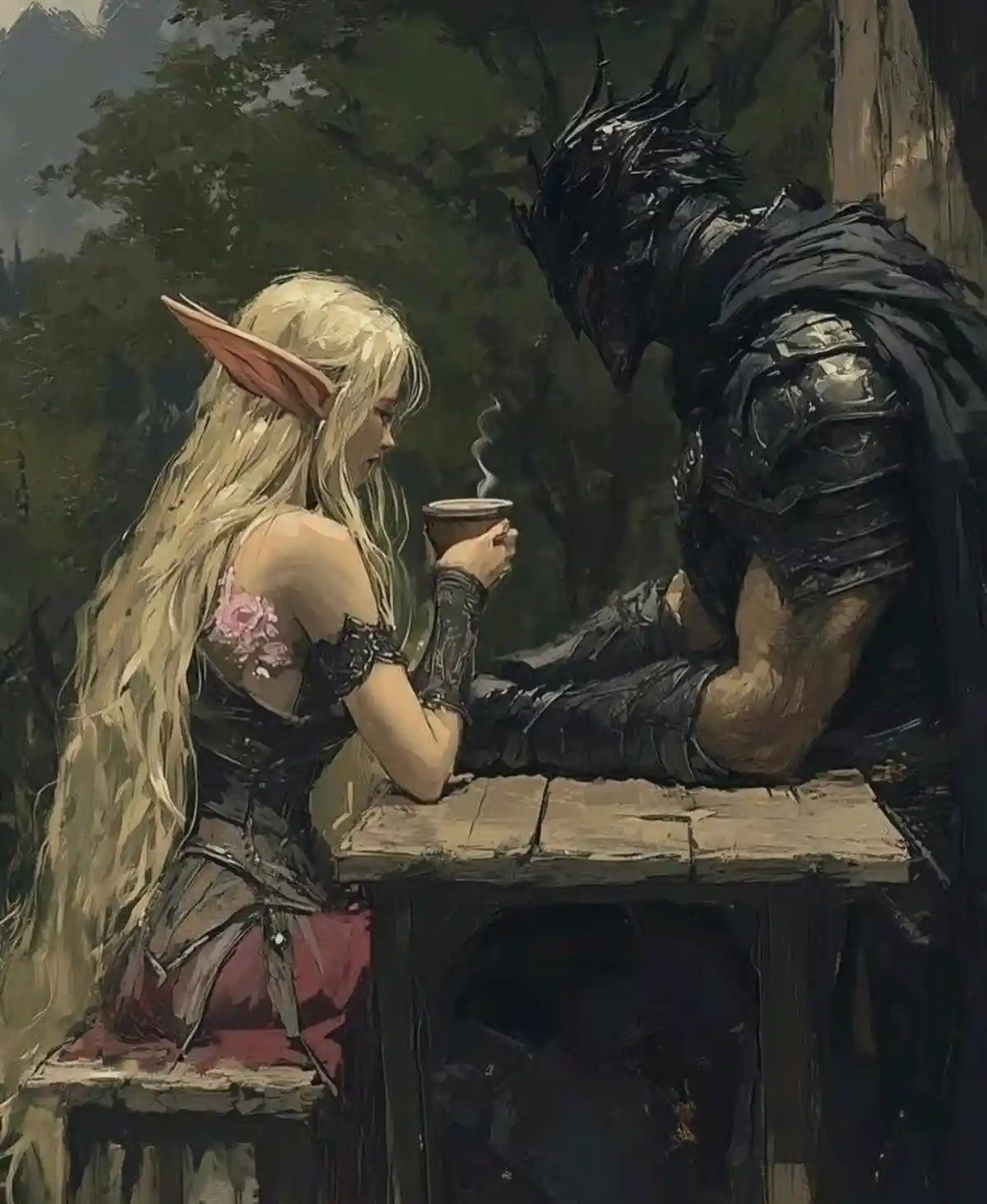 A fantasy painting depicts a blonde elf woman with pointed ears sitting at a wooden table, holding a steaming cup of coffee…