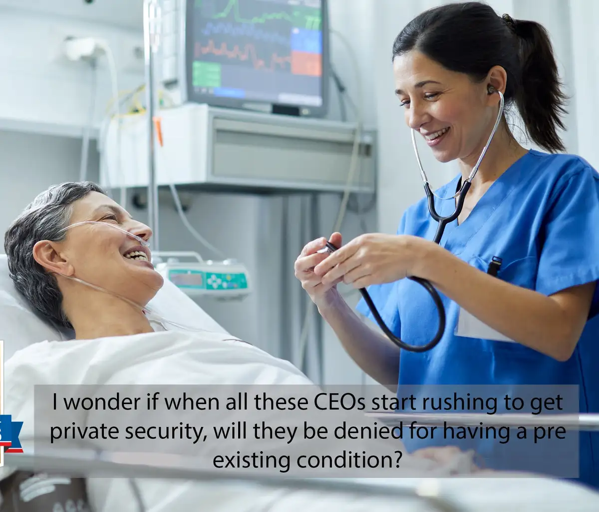 A smiling female nurse in blue scrubs uses a stethoscope on a smiling elderly patient in a hospital bed with an oxygen tube…