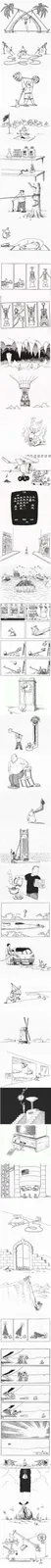 A black-and-white comic strip compilation featuring a small rabbit character in various absurd and surreal situations, such…