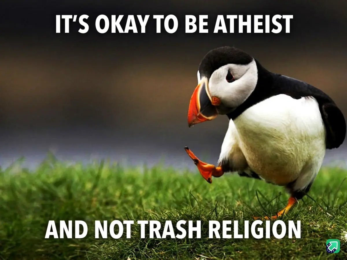 A puffin stands on green grass with a slightly smug or self-satisfied expression, looking down. White bold text at the top…