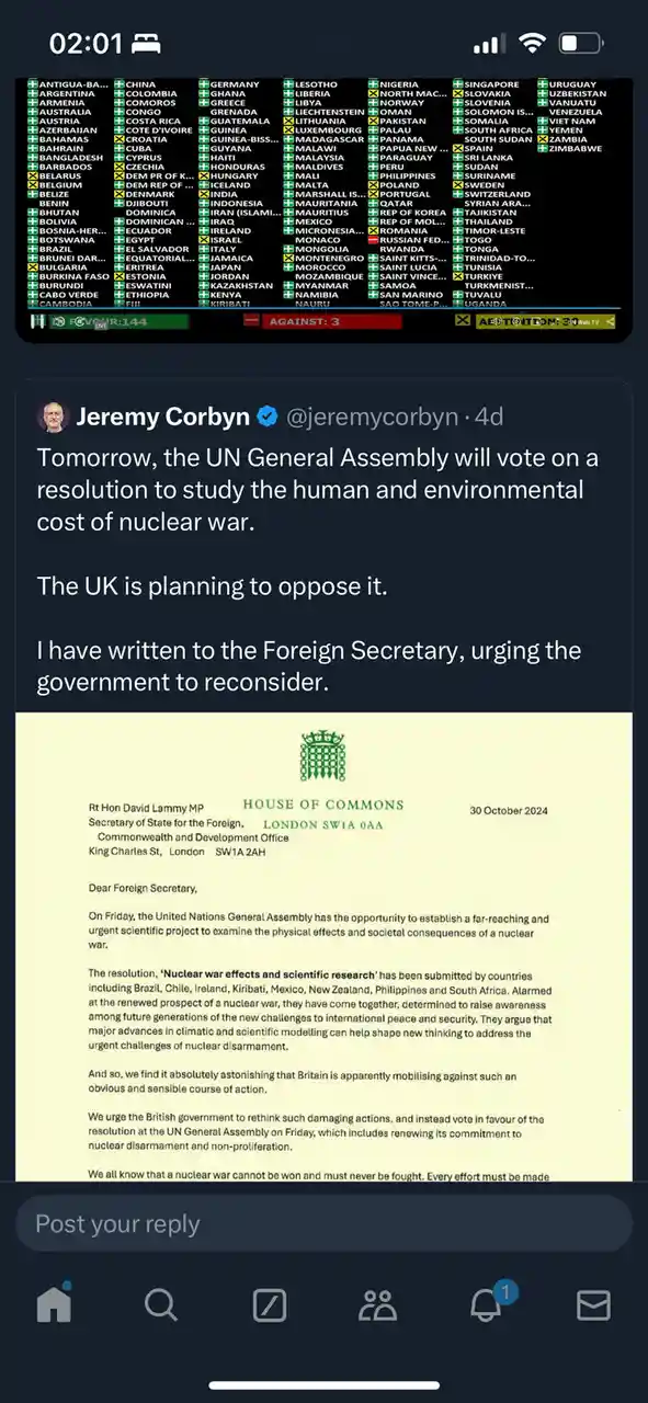 A screenshot of a tweet from Jeremy Corbyn showing a letter he sent to the UK Foreign Secretary, urging the government to…