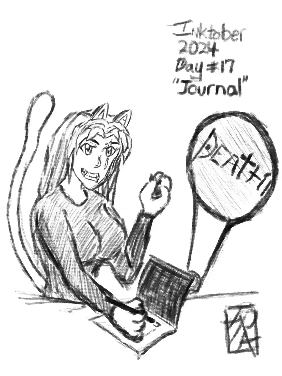 A black-and-white sketch shows an anime-style girl with cat ears and a tail, looking distressed while writing in a journal…
