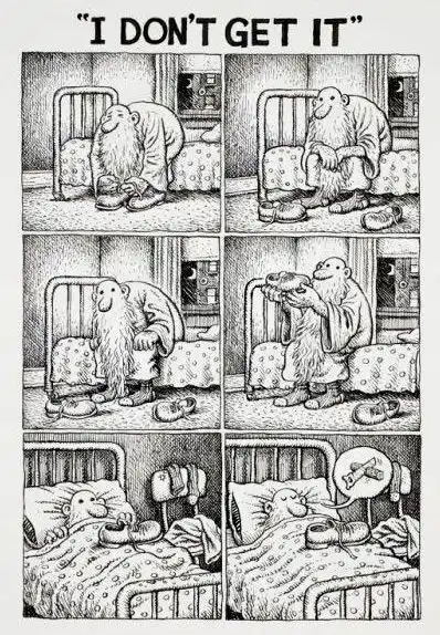 A six-panel black-and-white comic strip shows a bearded man in a bedroom. He initially bends over his shoes, then sits on…