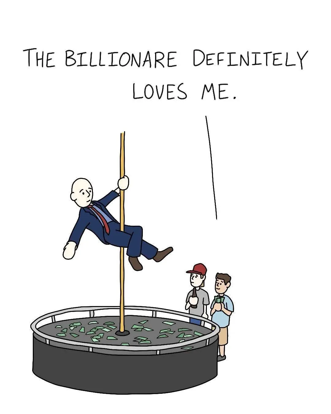 A cartoon depicts a bald man in a suit hanging from a pole above a circular pool filled with money, while two onlookers…