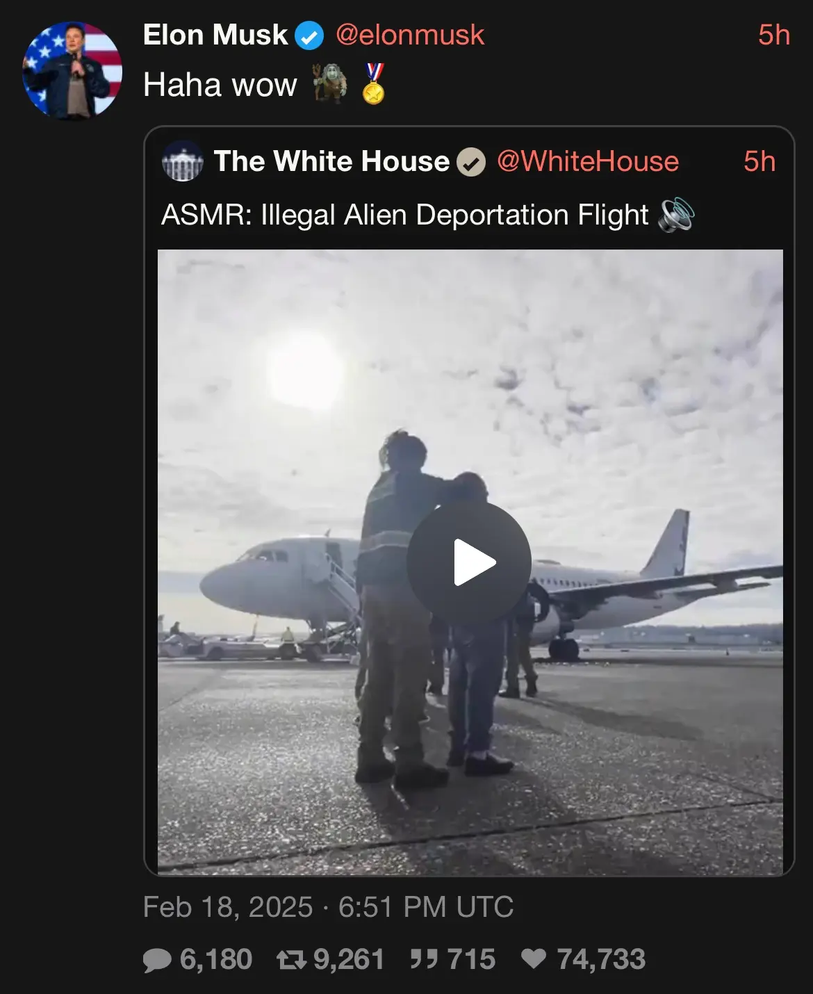 A screenshot of a Twitter thread shows Elon Musk replying to a tweet from The White House. The White House tweet includes a…