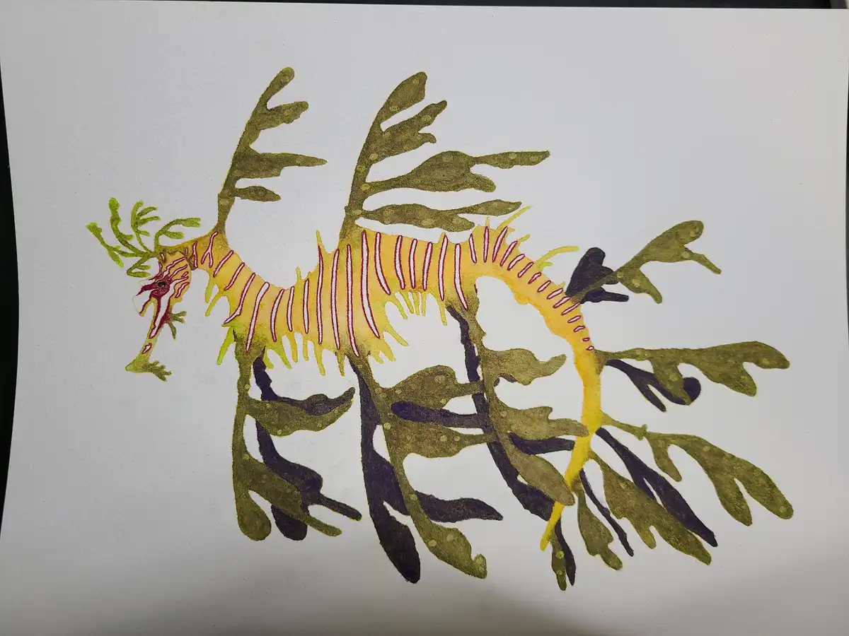 A watercolor painting of a leafy sea dragon on white paper, featuring a yellow body with red stripes and leaf-like…