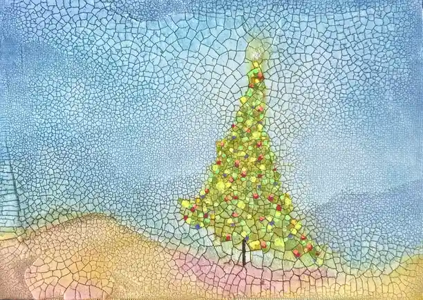 An artistic rendering of a Christmas tree decorated with colorful ornaments, set against a blue sky and earthy ground, all…