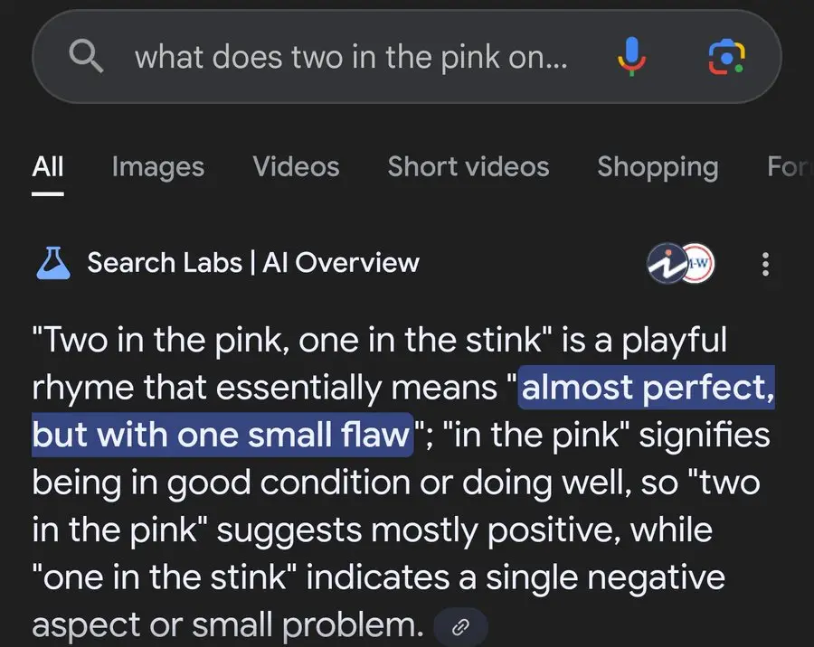 A screenshot of a Google search results page showing a 'Search Labs | AI Overview' snippet explaining the phrase 'Two in the…