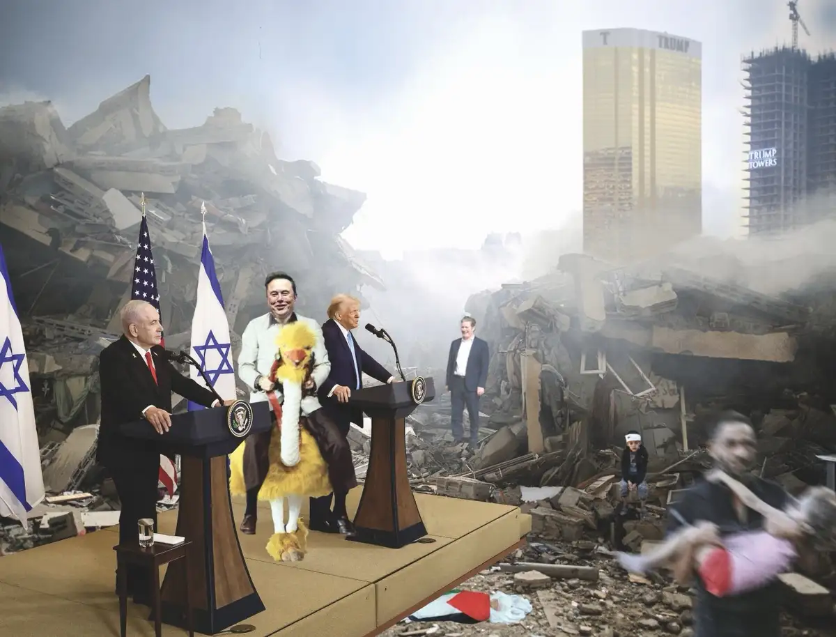 Una imagen de collage que muestra a Elon Musk montando un ave de plumas amarillas, junto a Benjamin Netanyahu y Donald Trump…