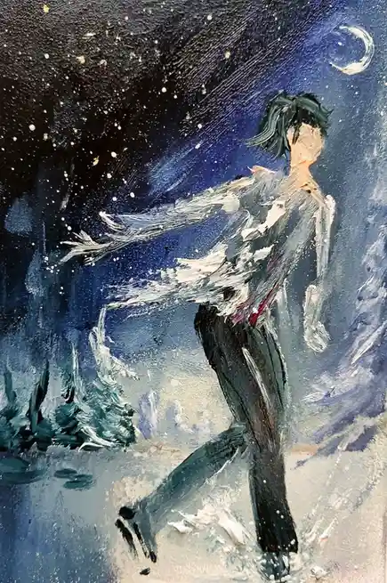 A textured oil painting depicts a stylized anime-style character with dark hair, wearing a torn white shirt and dark pants…