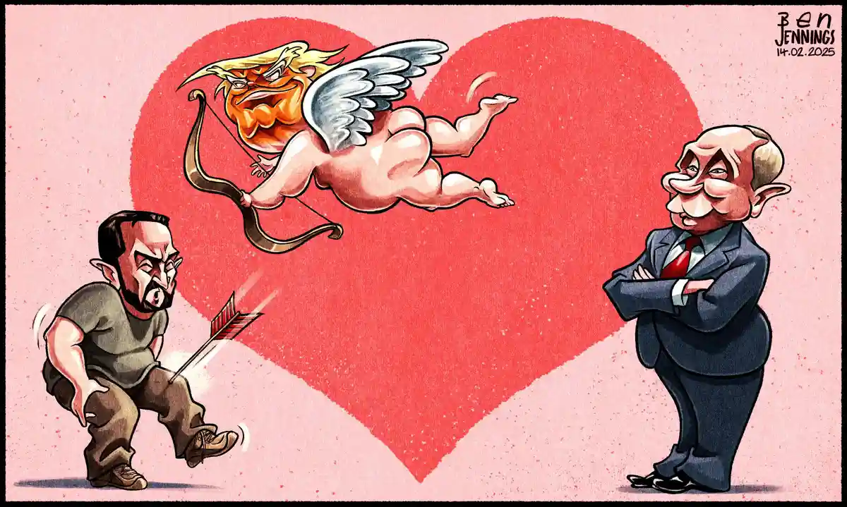 A cartoon depicts a muscular, winged figure with Trump's face and hair, holding a bow and arrow, positioned between two men…