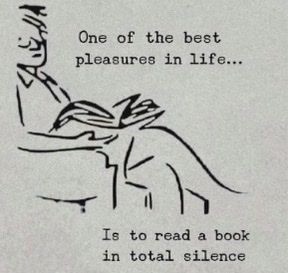 A simple black-and-white line drawing shows a person sitting at a desk, leaning forward with an open book on their lap…