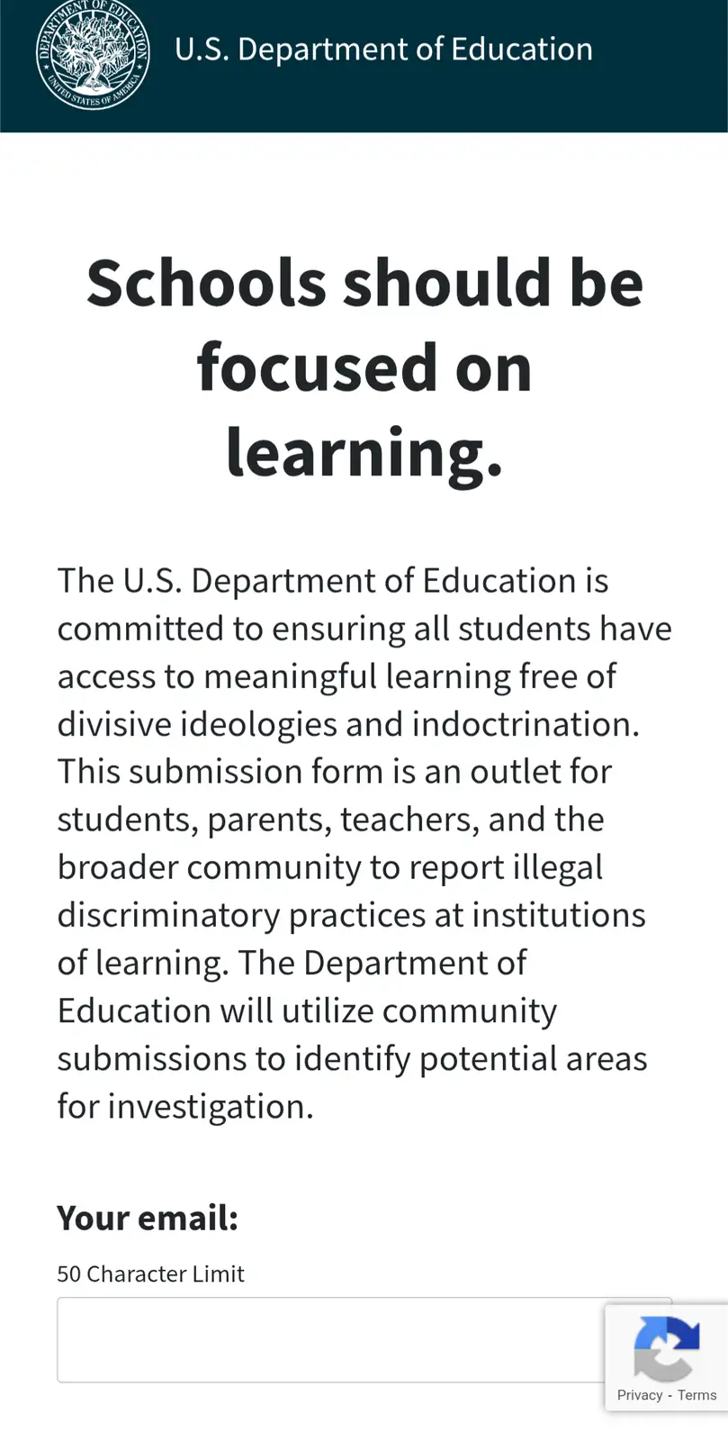 A screenshot of a U.S. Department of Education webpage titled 'Schools should be focused on learning,' which invites users…