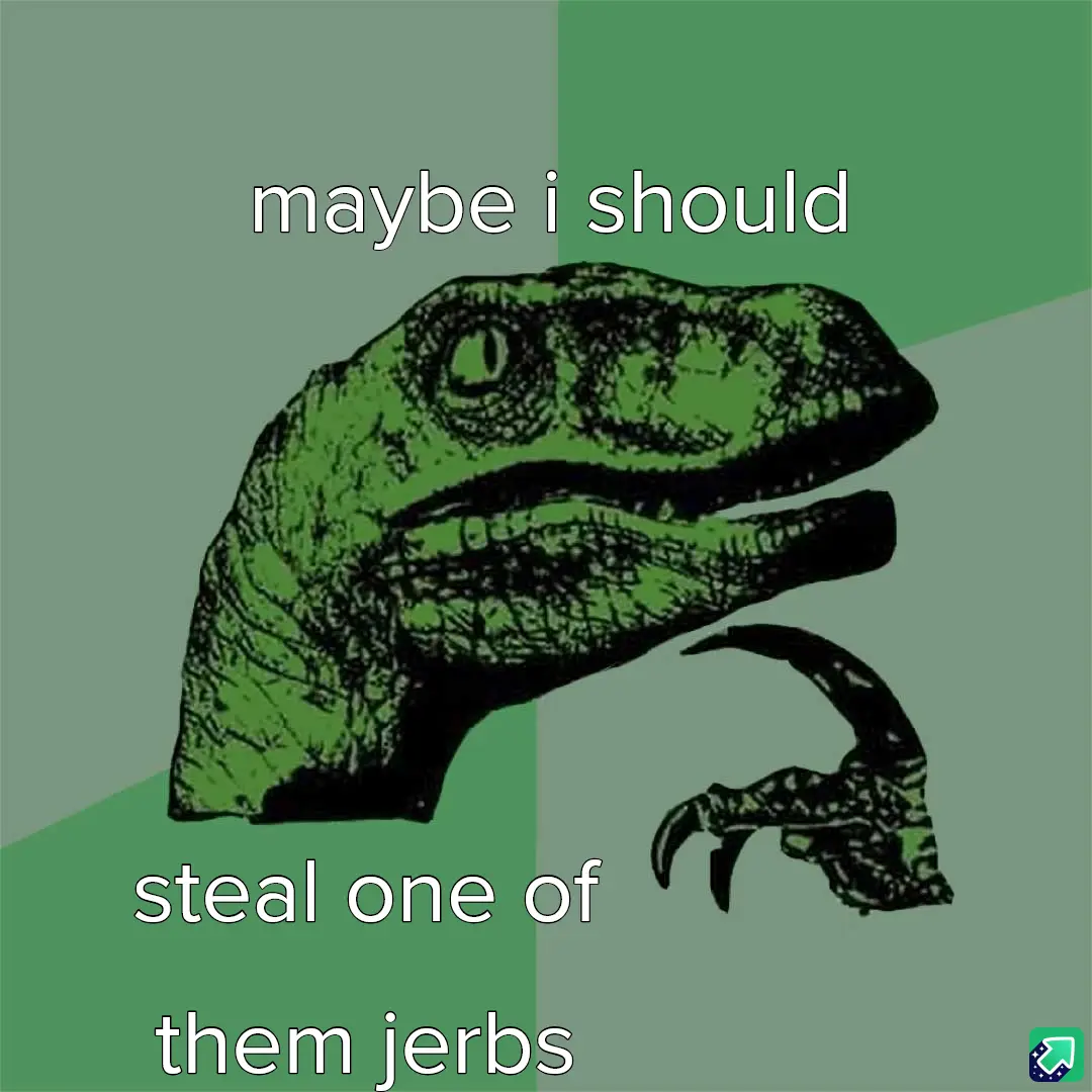The image features a green, stylized illustration of a velociraptor's head and one clawed hand, set against a split green…