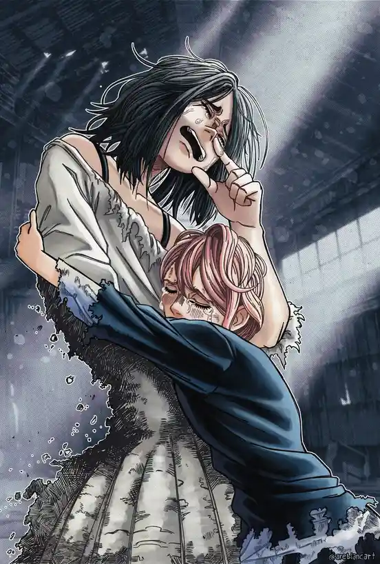 An anime-style illustration shows a black-haired person with a distressed, tearful expression, holding a finger to their…