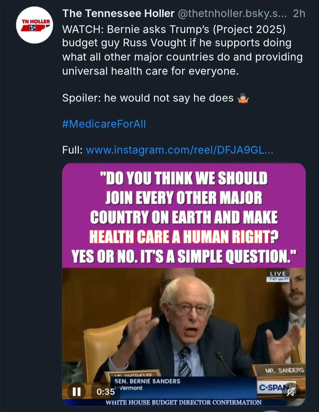 A screenshot of a C-SPAN video shows Senator Bernie Sanders speaking at a hearing, gesturing emphatically. Overlaid text in…