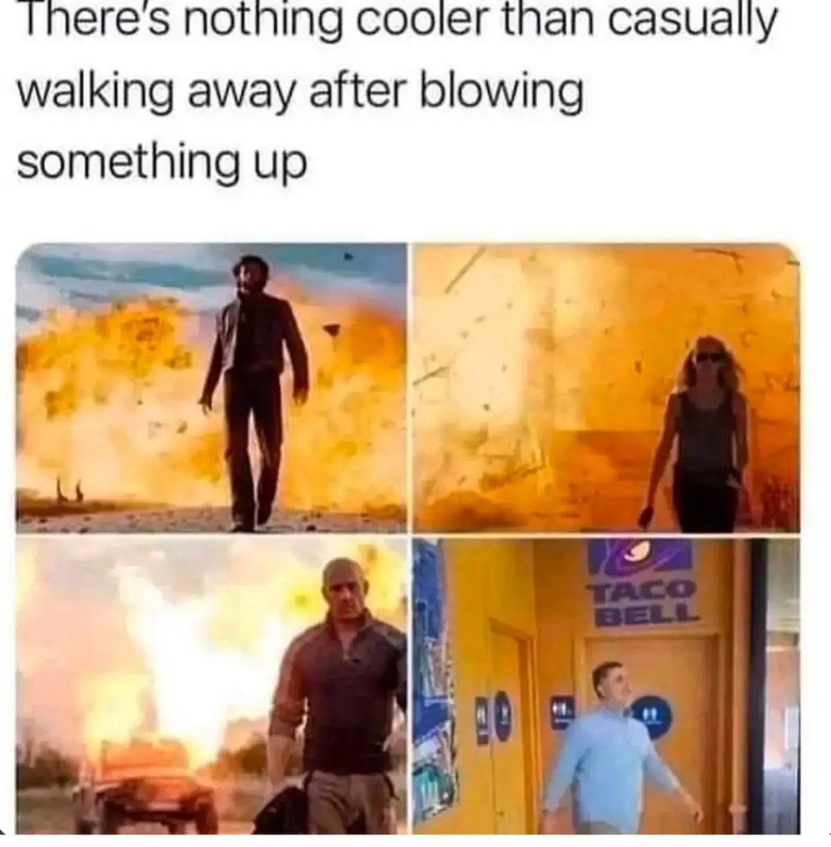 A four-panel image collage shows four different people walking away from explosions or destruction. Top left: A man walks…