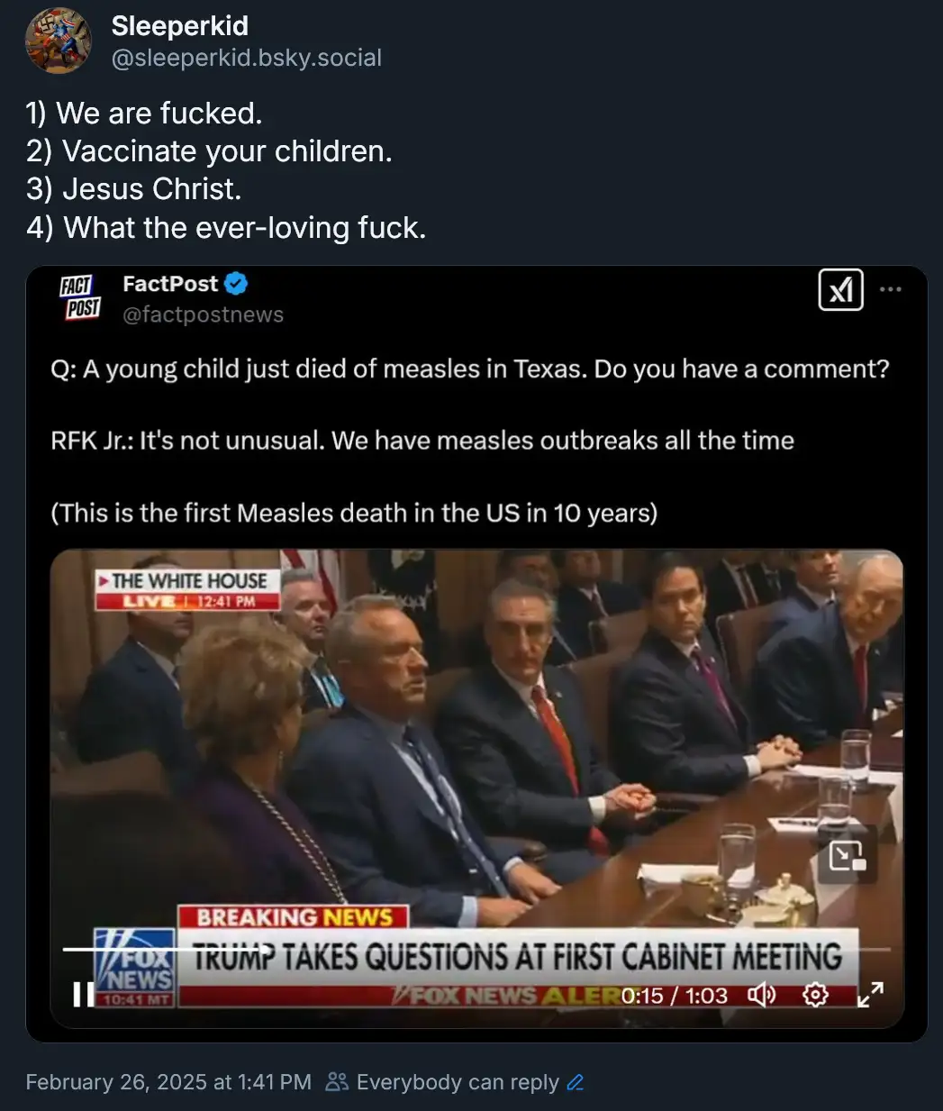 A screenshot of a Fox News broadcast showing a White House cabinet meeting with RFK Jr. responding to a question about a…