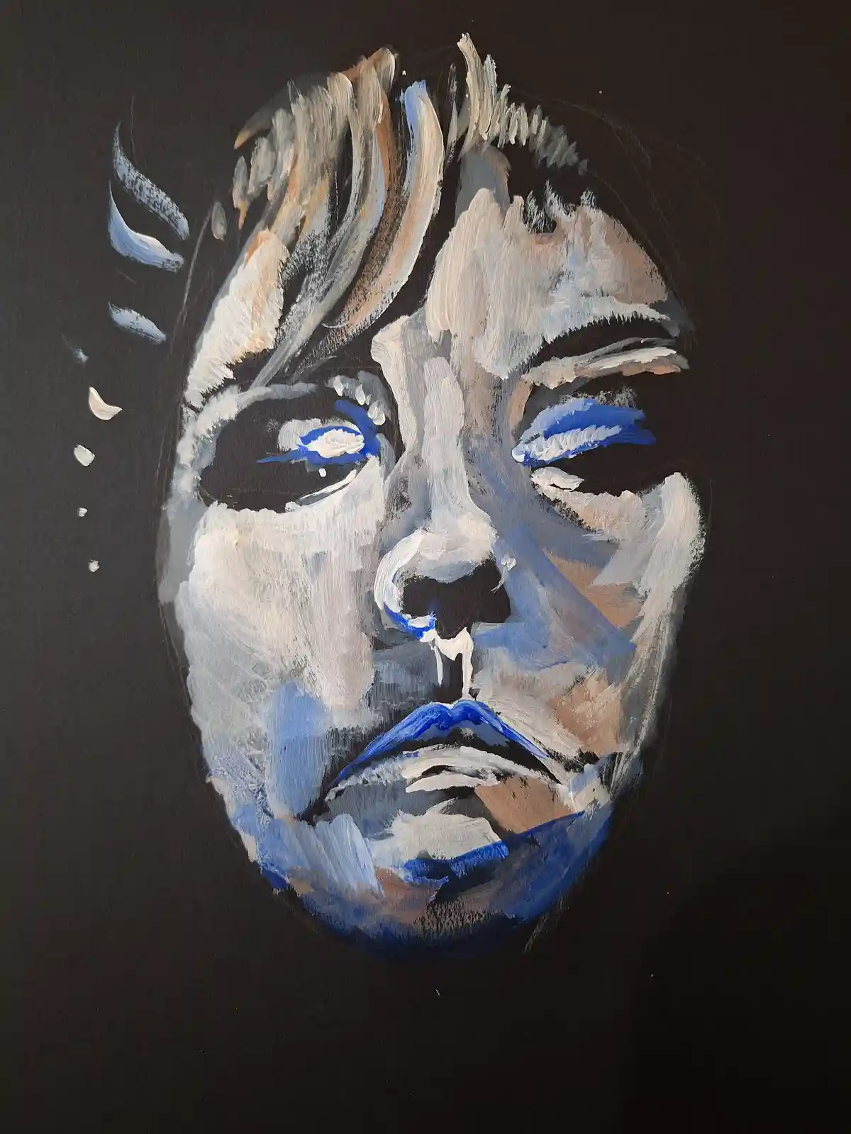 A painted portrait of a person's face against a black background, rendered in expressive brushstrokes of white, blue, and…