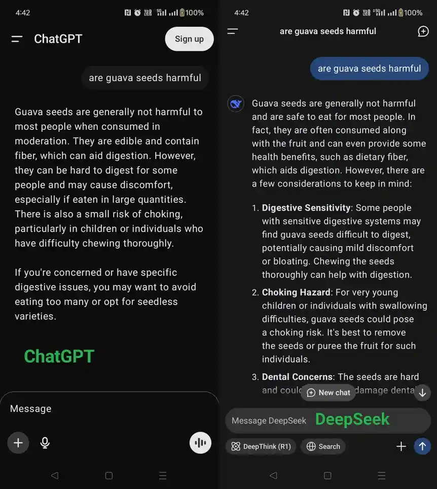 Two side-by-side smartphone screenshots show ChatGPT and DeepSeek AI apps responding to the query 'are guava seeds harmful'…