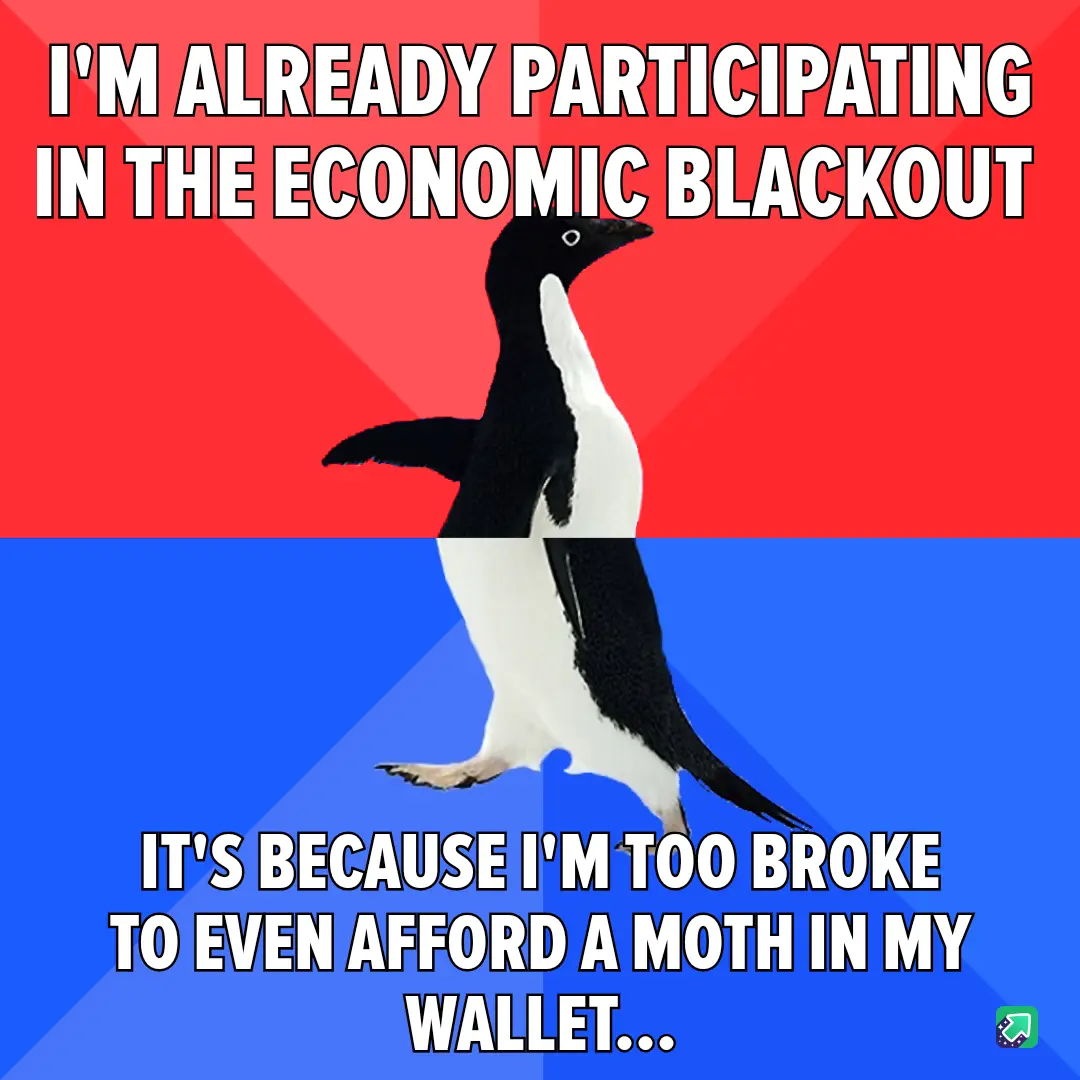 A penguin stands centered against a red and blue background, with bold white text overlaid. The top text reads 'I'M ALREADY…