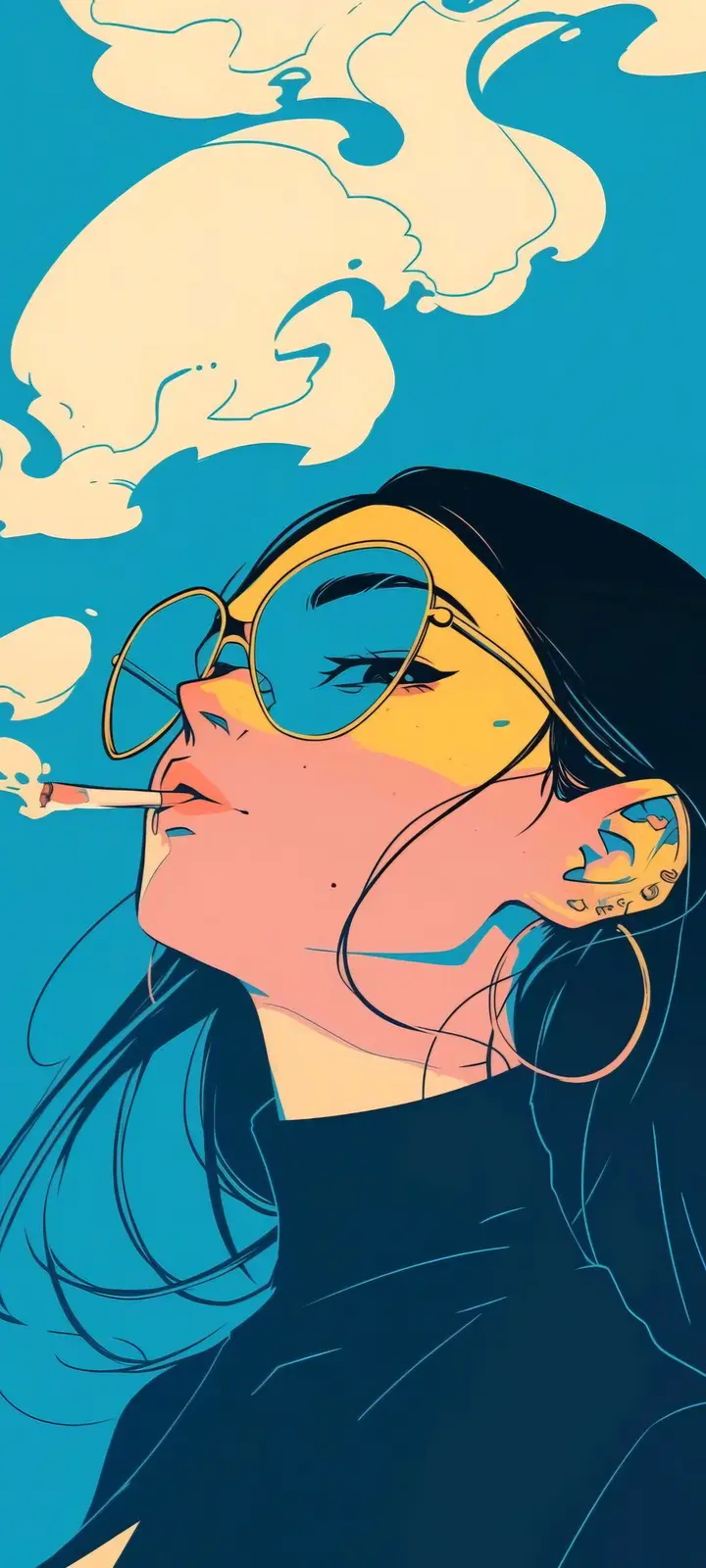 A stylized illustration of a woman with dark hair, wearing large round sunglasses and a dark top, smoking a cigarette while…