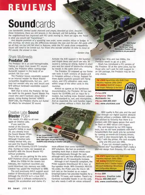 A magazine page from 'boot' magazine, June 1998, featuring a review of the Shark Multimedia Predator 3D sound card. The…