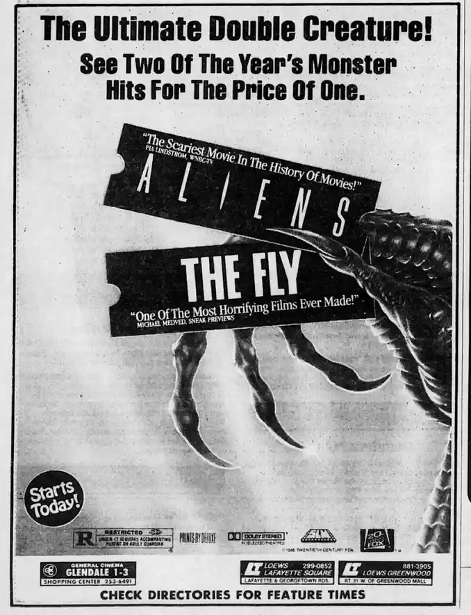 A vintage 1986 black-and-white movie advertisement promotes a double feature of 'Aliens' and 'The Fly' as 'The Ultimate…